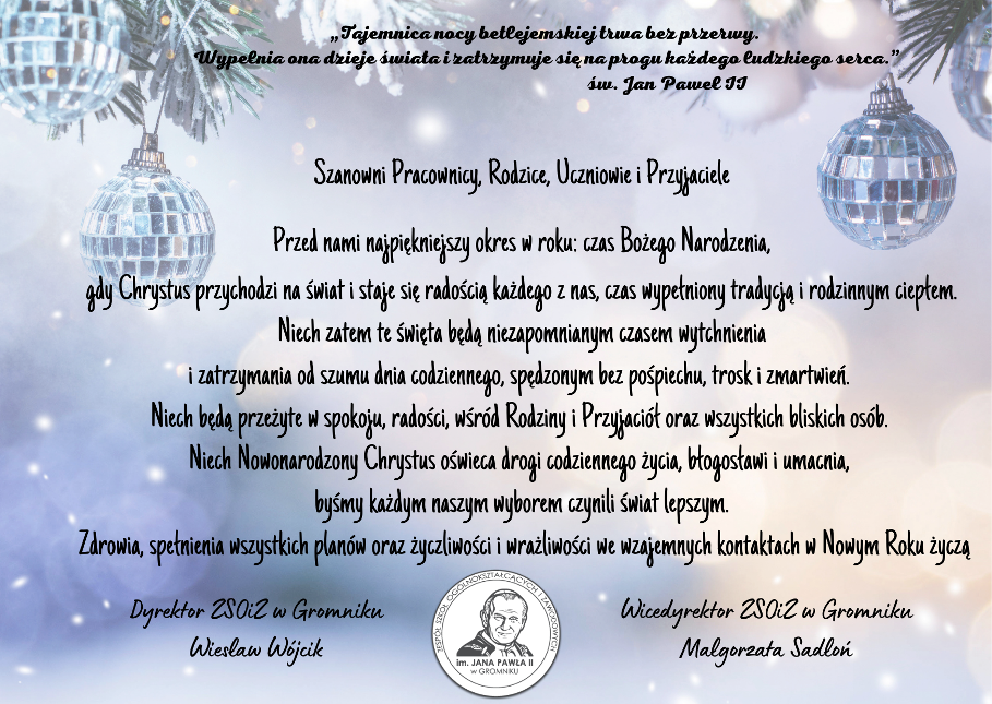 Kartka z życzeniami świątecznymi dla pracowników, rodziców, uczniów i przyjaciół podpisana przez dyrektora i wicedyrektora szkoły
