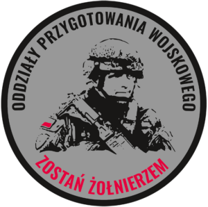 Logo oddziału przygotowania wojskowego. w centrum koła żołnierz, na obrzeżach tekst "oddziały przygotowania wojskowego, zostań żołnierzem"
