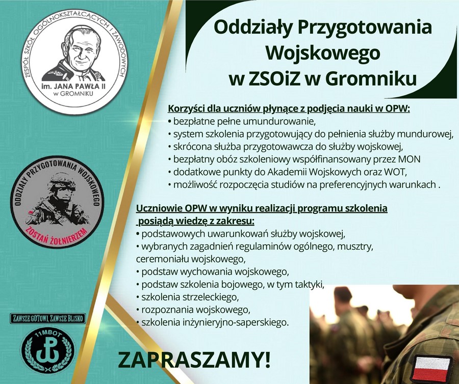 Plakat reklamujący oddziały przygotowania wojskowego w ZSOiZ w Gromniku